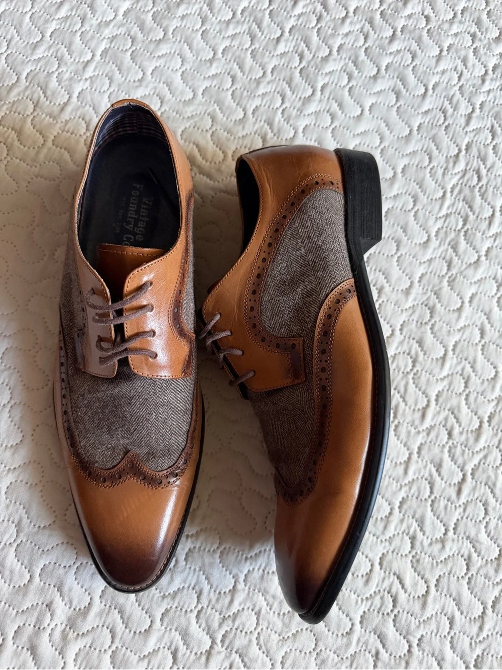Vintage Foundry Co Brown Leather & Herringbone Fabric Wingtip Oxford Size 10.5